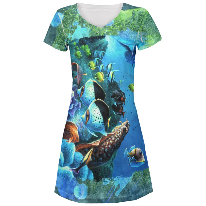 Tropical Reef Splatter All Over Juniors V-Neck Dress sold by Old Glory