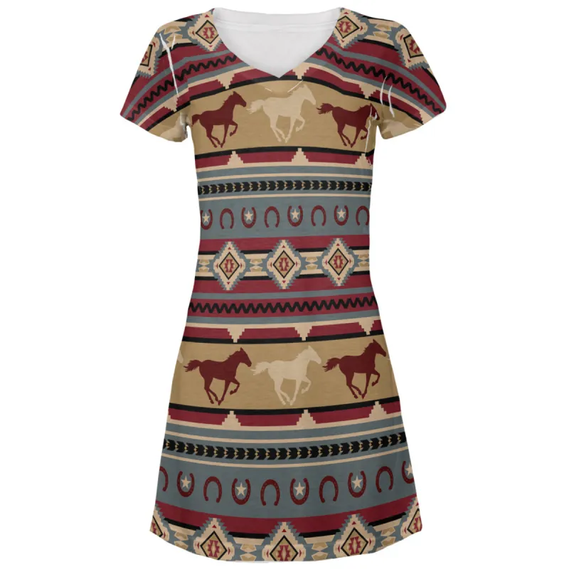 Southwestern Wild Horses Pattern All Over Juniors V-Neck Dress sold by Old Glory