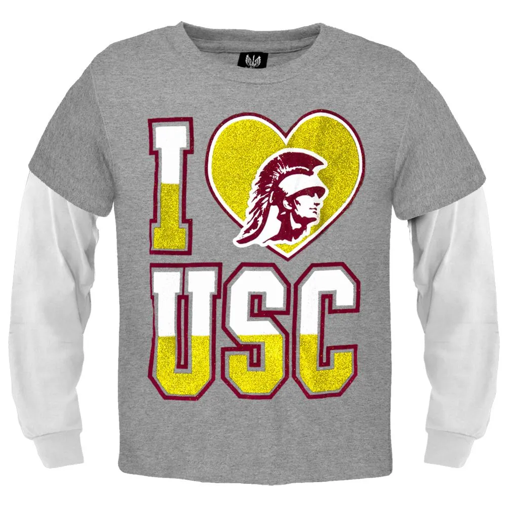 USC Trojans - Glitter I Heart Logo Girls Juvy Soft 2fer Long Sleeve T-Shirt sold by Old Glory