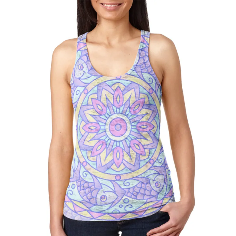 Trippy Fish Mandala Vintage Juniors Burnout Racerback Tank Top sold by Old Glory