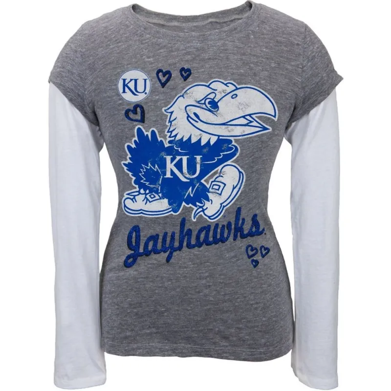 Kansas Jayhawks - Glitter Hearts Girls Youth 2fer Long Sleeve T-Shirt sold by Old Glory