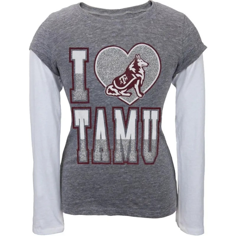Texas A Aggies - Glitter Heart Girls Juvy 2fer Long Sleeve T-Shirt sold by Old Glory