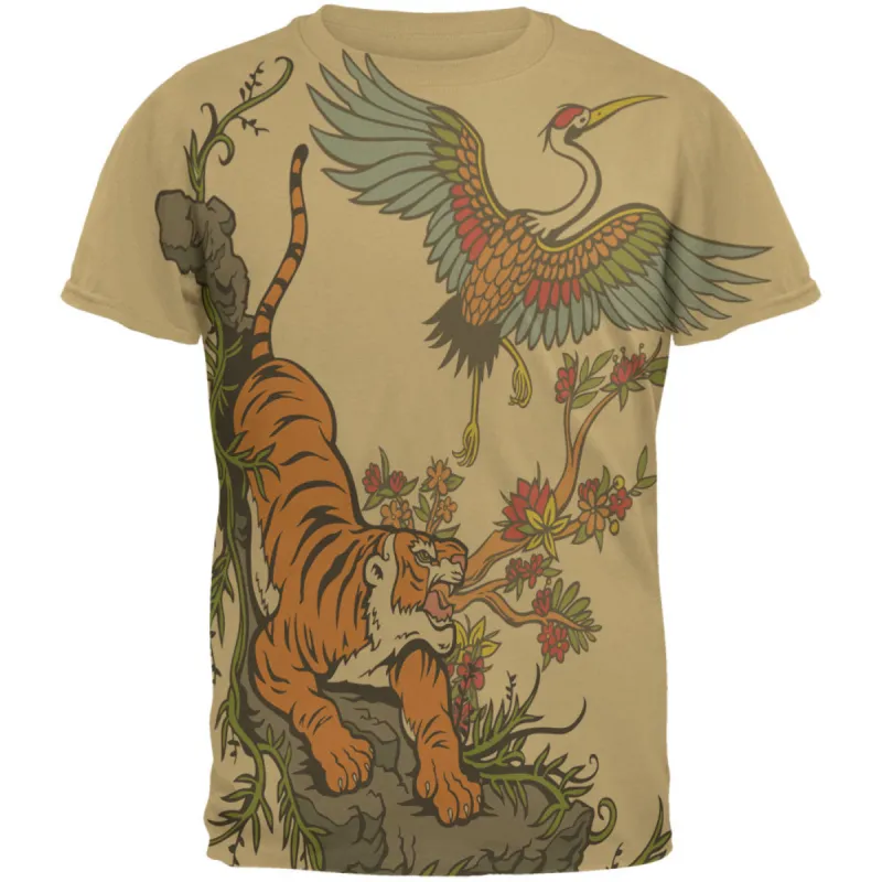 The Tiger and Crane All Over Dark Heather Soft Adult T-Shirt sold by Old Glory