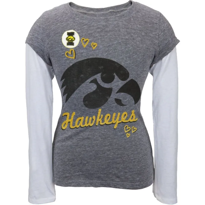 Iowa Hawkeyes - Glitter Hearts Girls Youth 2fer Long Sleeve T-Shirt sold by Old Glory