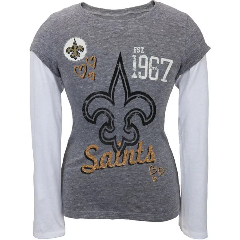 New Orleans Saints - Glitter Hearts Girls Youth 2fer Long Sleeve T-Shirt sold by Old Glory
