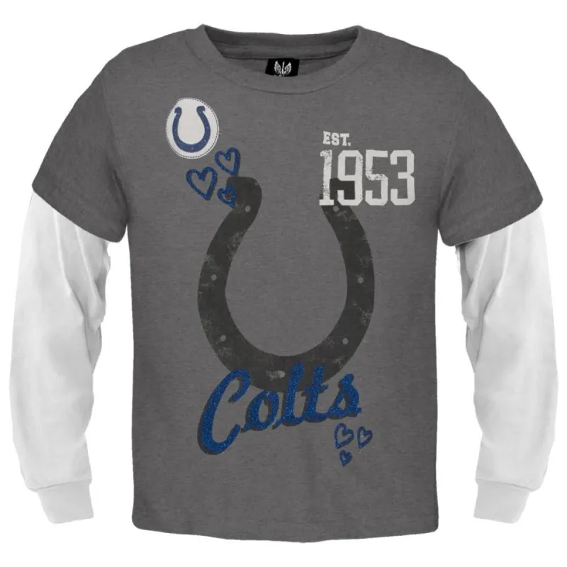 Indianapolis Colts - Glitter Hearts Girls Juvy 2fer Long Sleeve T-Shirt sold by Old Glory