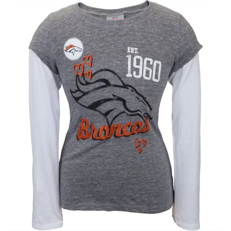 Denver Broncos - Glitter Hearts Girls Youth 2Fer Long Sleeve T-Shirt sold by Old Glory