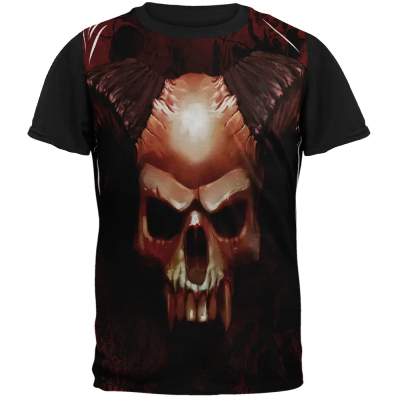 Halloween Horned Demon Skull from Hell All Over Mens Black Back T Shirt sold by Old Glory