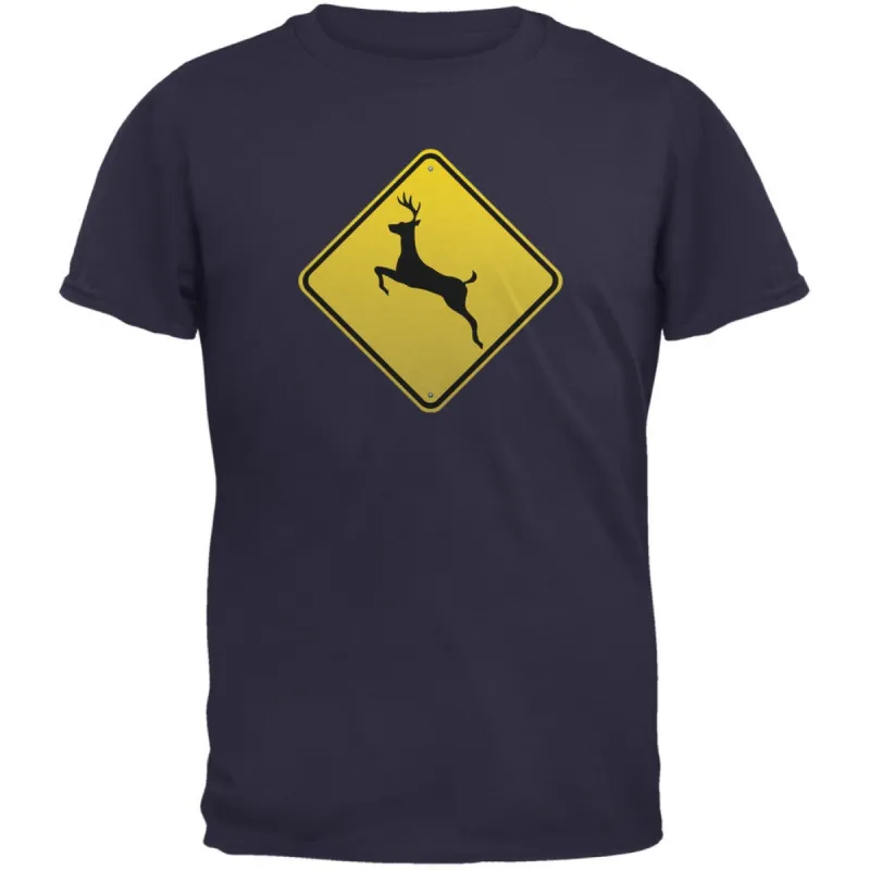 Deer Crossing Sign Navy Adult T-Shirt sold by Old Glory