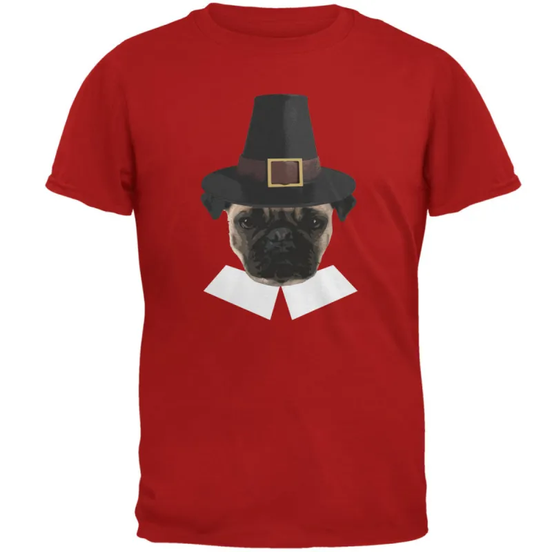 Thanksgiving Funny Pug Pilgrim Red Adult T-Shirt sold by Old Glory