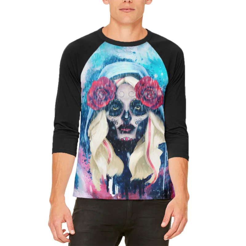 Halloween Day of the Dead Sugar Skull Girl Rain Mens Raglan T Shirt sold by Old Glory