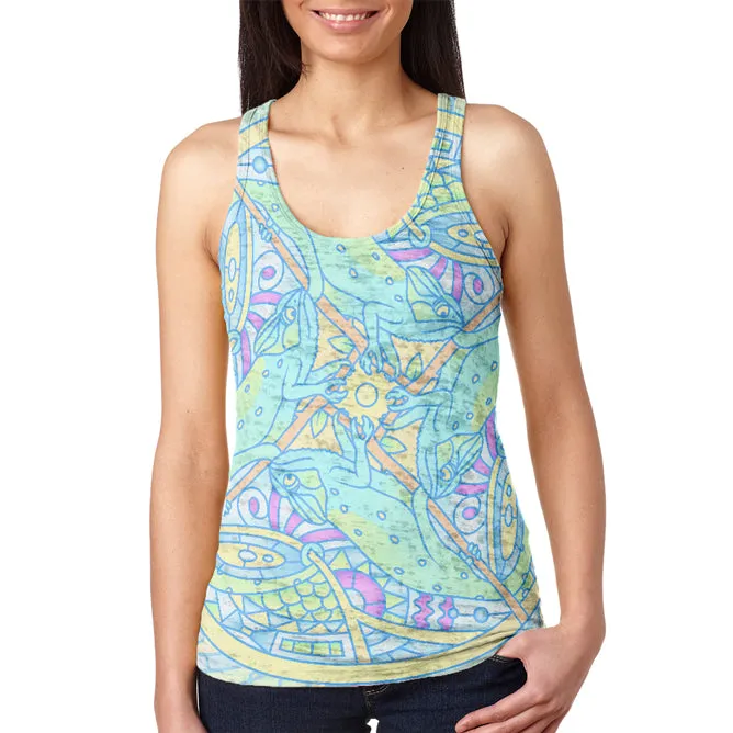 Trippy Chameleon Mandala Vintage Juniors Burnout Racerback Tank Top sold by Old Glory