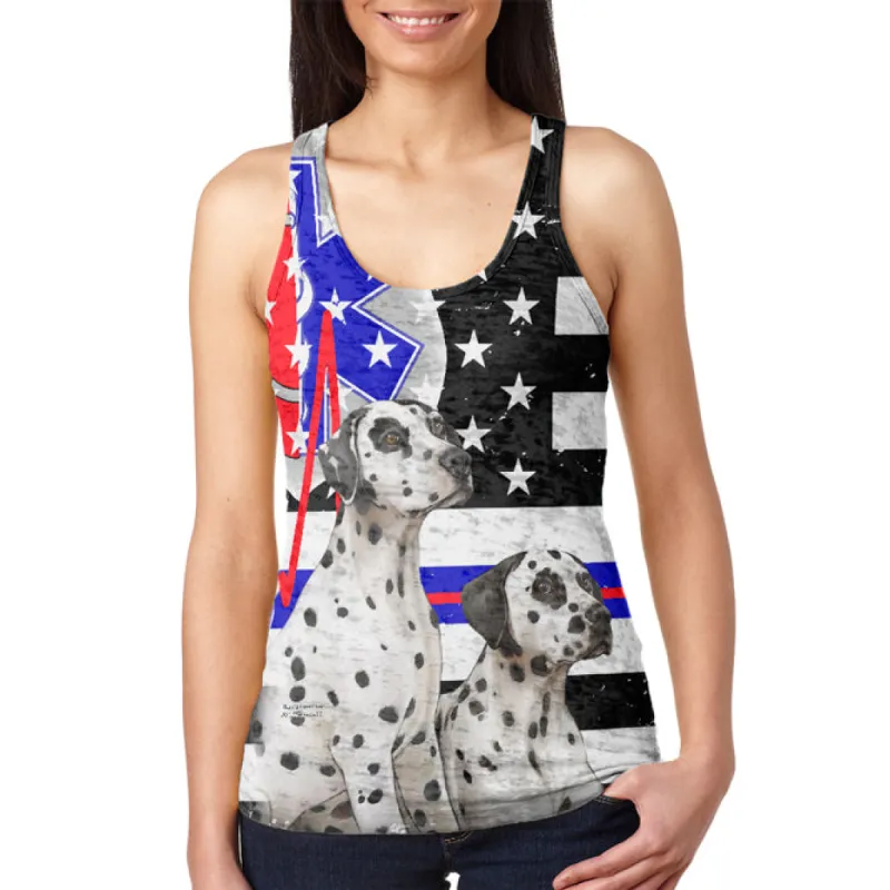 Firefighter EMT Dalmatian Live Forever Thin Red Line Juniors Burnout Tank Top sold by Old Glory