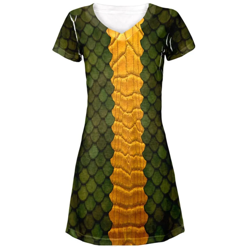 Halloween Green Dragon Costume All Over Juniors V-Neck Dress sold by Old Glory