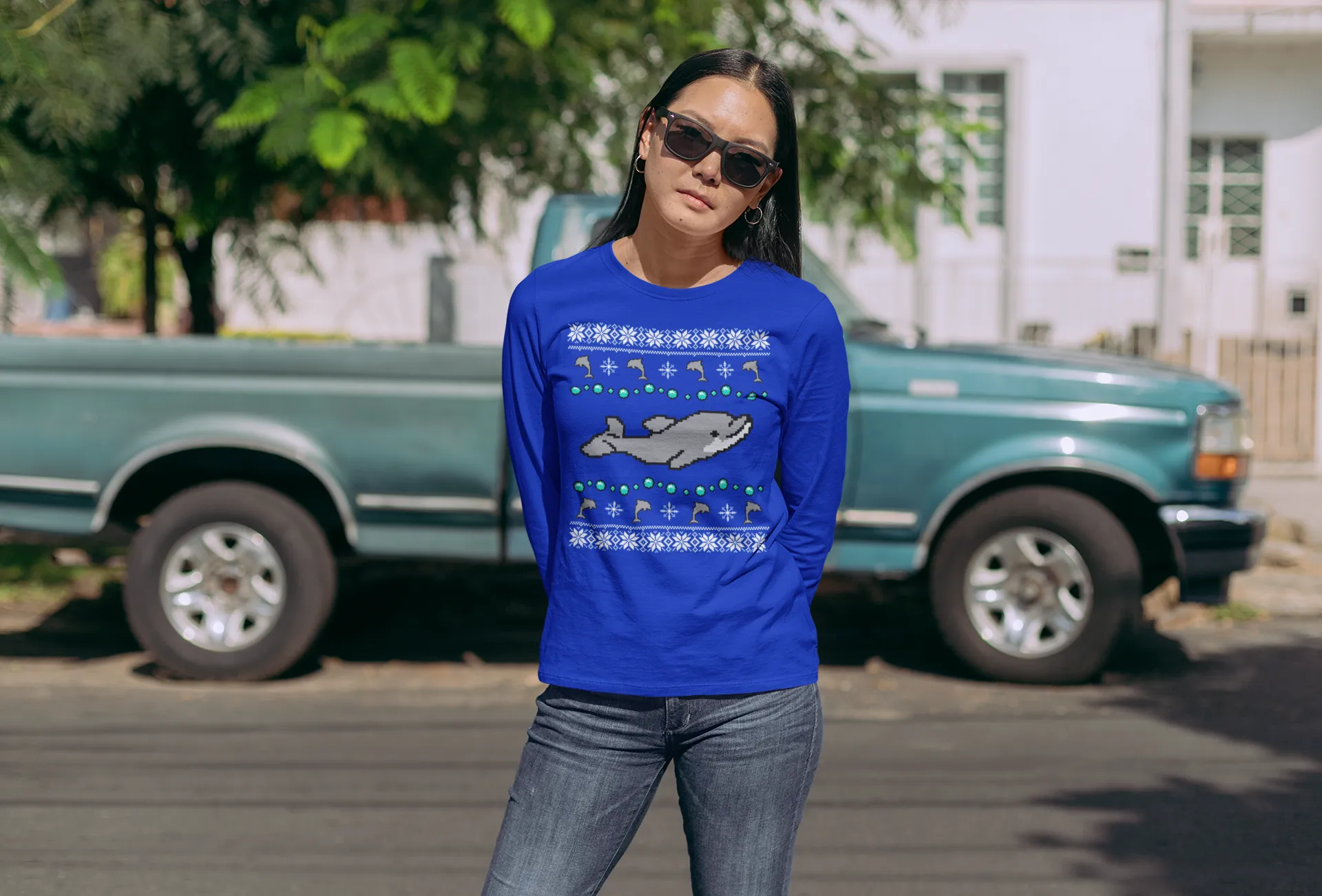 Ugly Christmas Sweater Dolphin Womens Long Sleeve T Shirt sold by Old Glory product image thumbnail 2