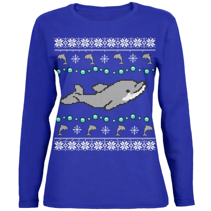 Ugly Christmas Sweater Dolphin Womens Long Sleeve T Shirt sold by Old Glory