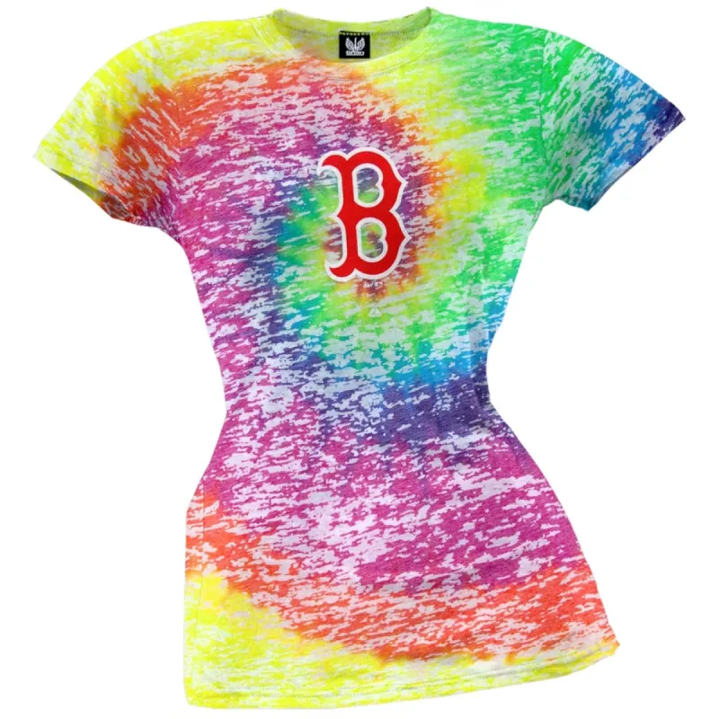 Boston Red Sox - Logo Burnout Rainbow Tie Dye Juniors T-Shirt sold by Old Glory