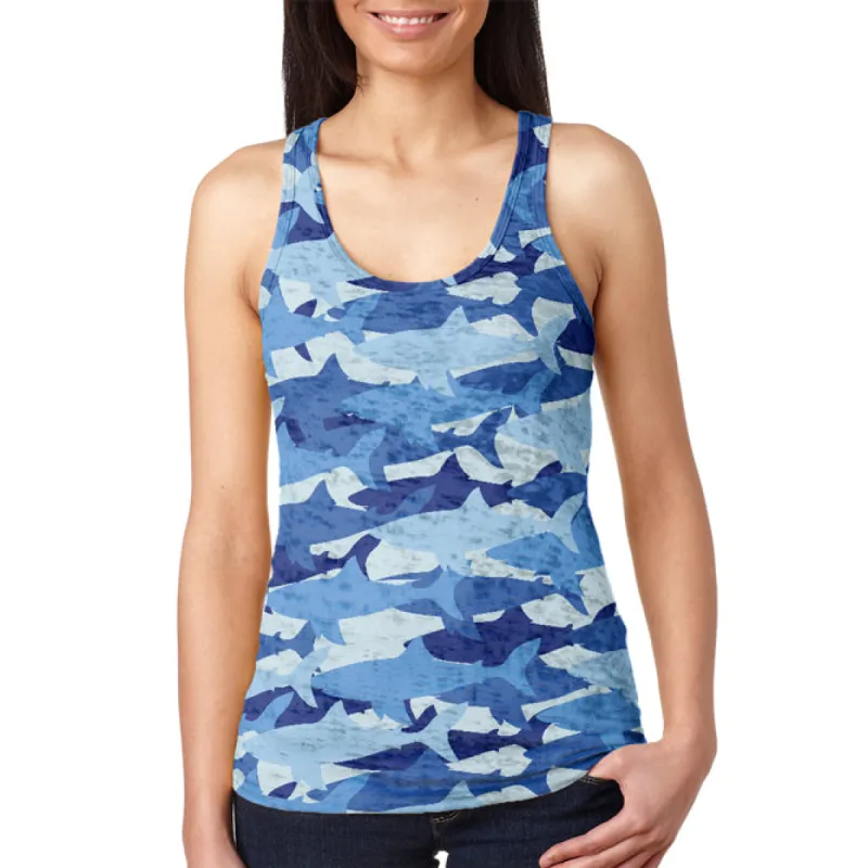Great White Shark Camo Juniors Burnout Racerback Tank Top sold by Old Glory