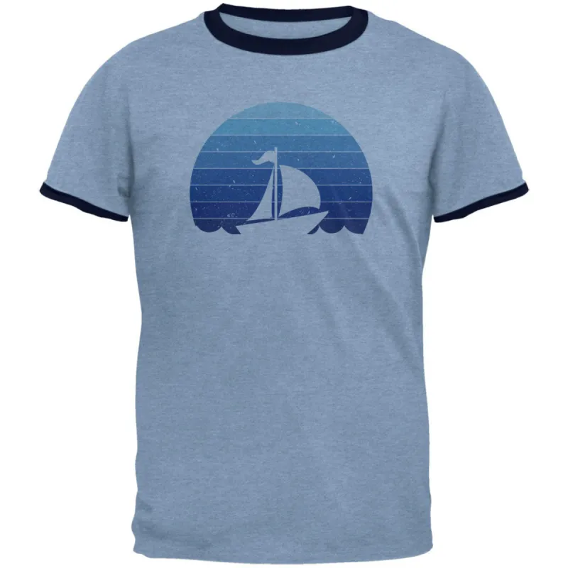 Marina Ocean Sail Boat Silhouette Retro Sunset Blue Mens Ringer T Shirt sold by Old Glory