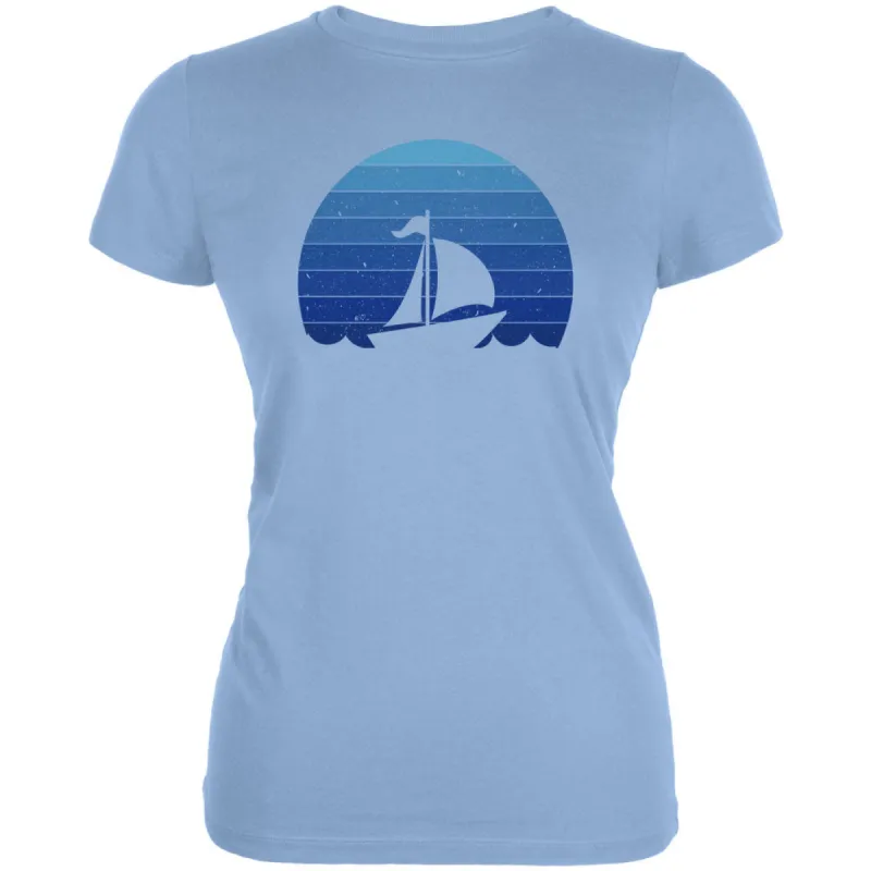 Marina Ocean Sail Boat Silhouette Retro Sunset Blue Juniors Soft T Shirt sold by Old Glory