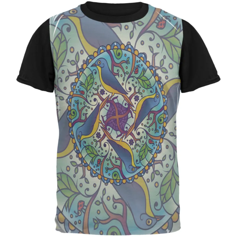 Mandala Trippy Stained Glass Spring Birds All Over Mens Black Back T Shirt sold by Old Glory