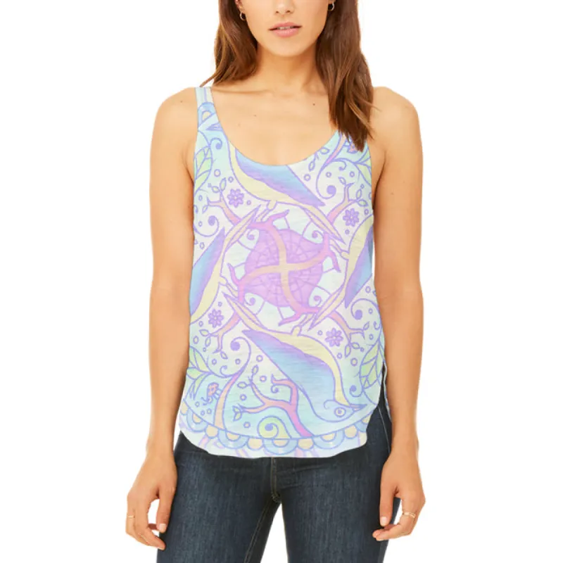 Trippy Spring Birds Mandala Vintage Juniors Flowy Side Slit Tank Top sold by Old Glory