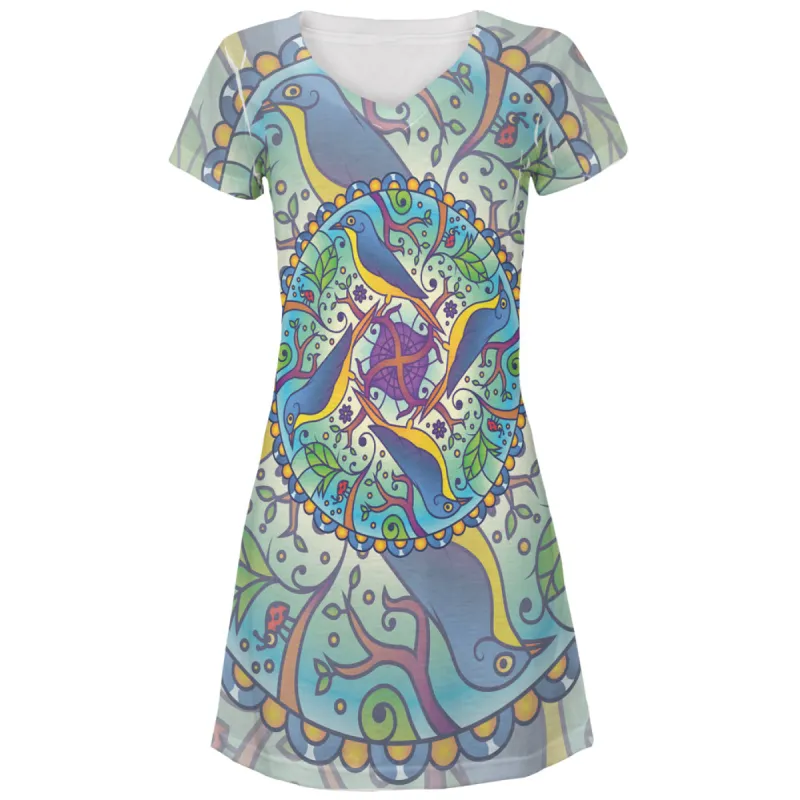 Mandala Trippy Stained Glass Spring Birds All Over Juniors Beach Cover-Up Dress sold by Old Glory