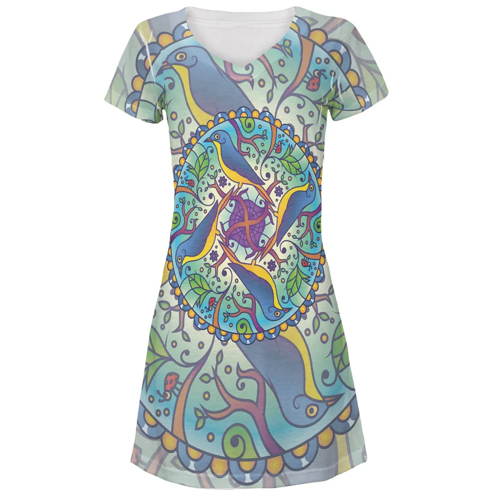 Mandala Trippy Stained Glass Spring Birds All Over Juniors Beach Cover-Up Dress sold by Old Glory