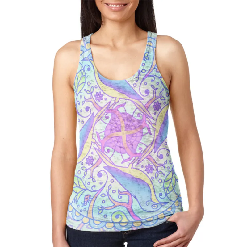Trippy Spring Birds Mandala Vintage Juniors Burnout Racerback Tank Top sold by Old Glory