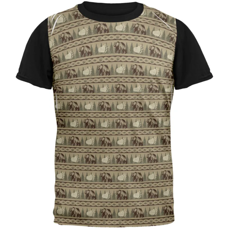 Grizzly Bear Adirondack Pattern Tan All Over Mens Black Back T Shirt sold by Old Glory