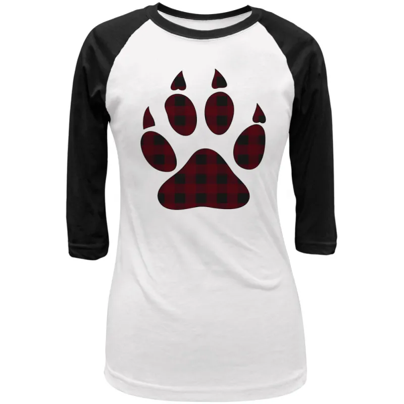 Autumn Buffalo Plaid Bear Claw Paw Juniors 3/4 Sleeve Raglan T Shirt sold by Old Glory