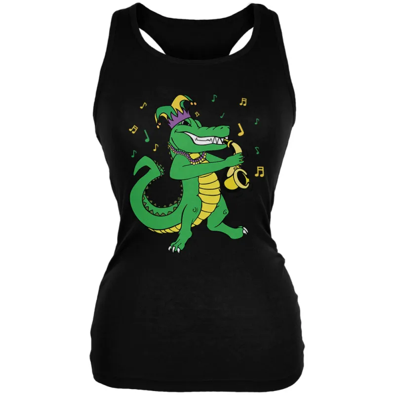 Mardi Gras Alligator Playing Saxaphone Jester Jazz Juniors Soft Tank Top sold by Old Glory