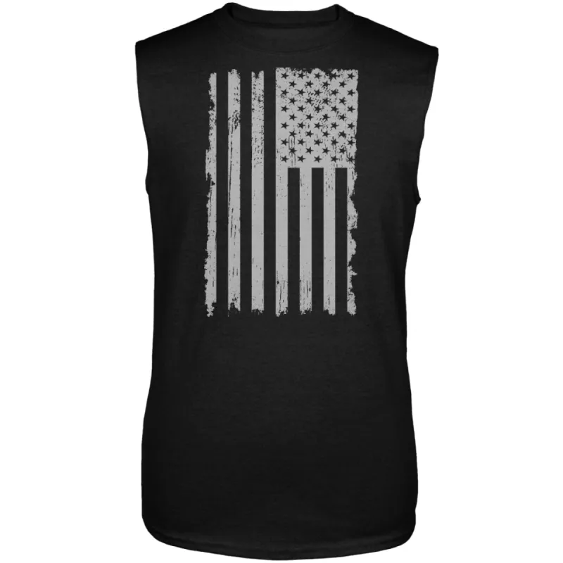 Distressed Grey Vertical American Flag Mens Sleeveless Shirt sold by Old Glory