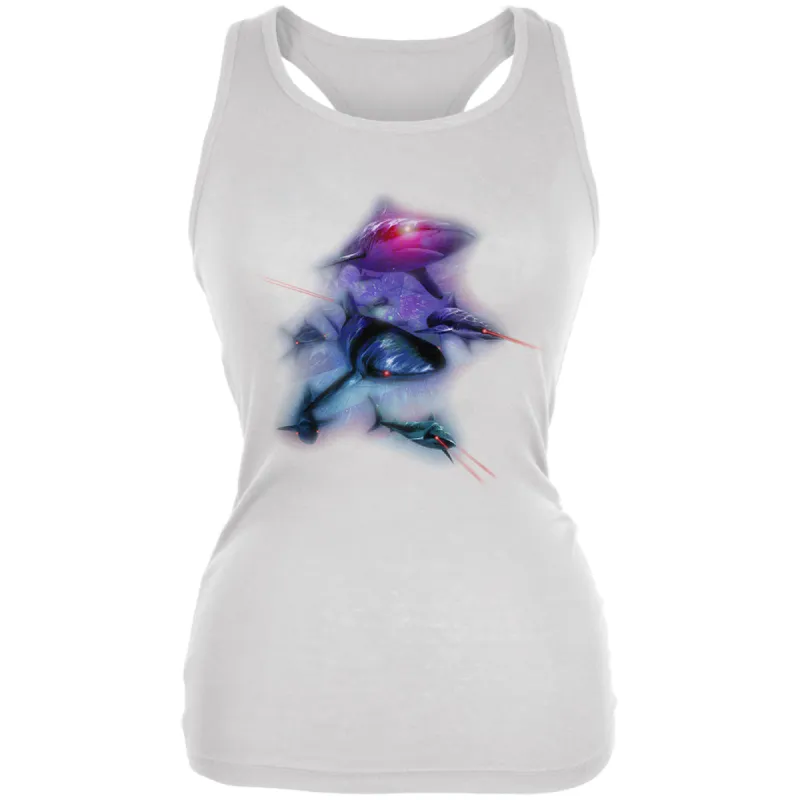 4th of July Patriotic American Galaxy Laser Sharks Juniors Soft Tank Top sold by Old Glory
