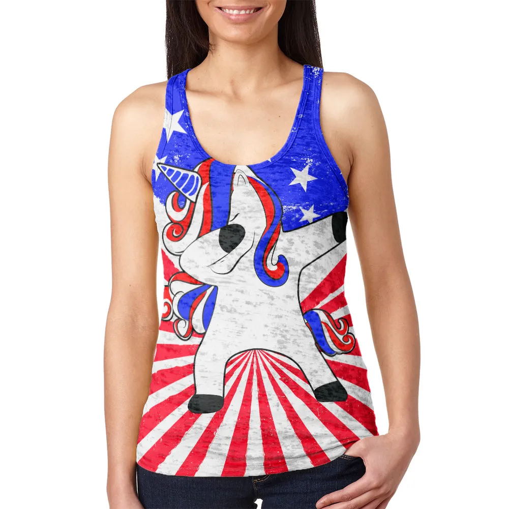 4th of July Dabbing Unicorn Americorn Juniors Burnout Racerback Tank Top sold by Old Glory