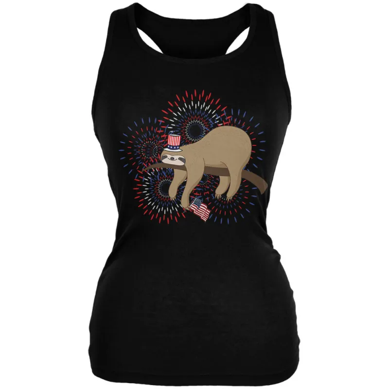 4th Of July Sloth Patriotic Cute Fireworks Juniors Soft Tank Top sold by Old Glory