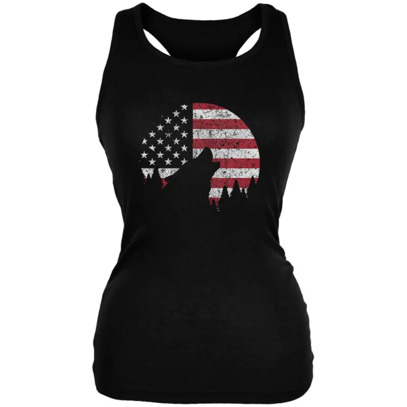 4th Of July Wolf Silhouette Flag Moon Juniors Soft Tank Top sold by Old Glory