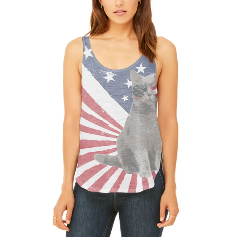 4th Of July Meowica America Patriot Cat Juniors Flowy Side Slit Tank Top sold by Old Glory