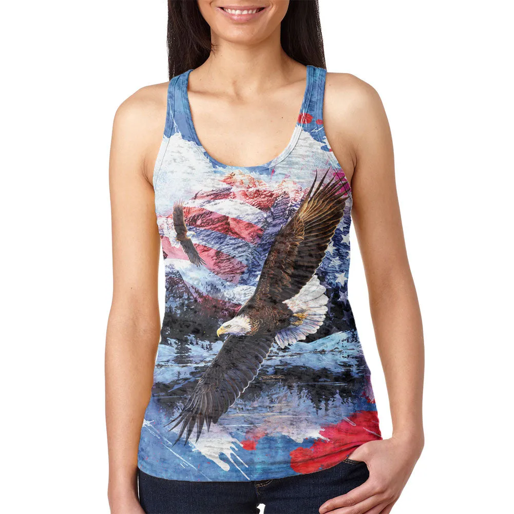 4th of July American Flag Bald Eagle Splatter Juniors Burnout Racerback Tank Top sold by Old Glory