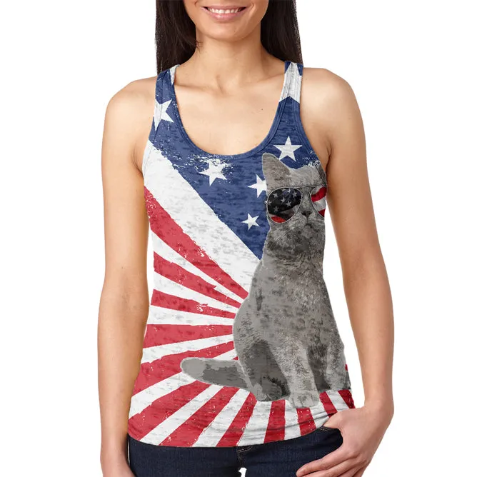 4th Of July Meowica America Patriot Cat Juniors Burnout Racerback Tank Top sold by Old Glory