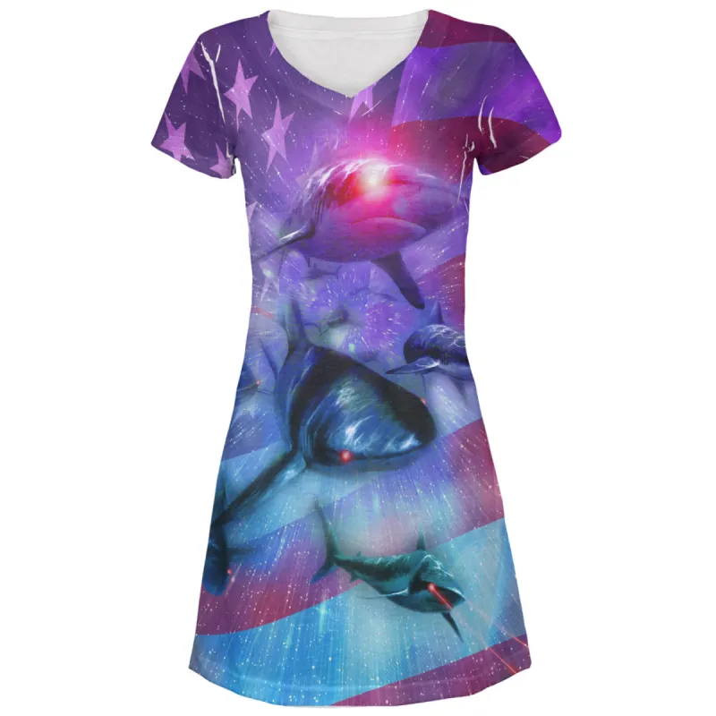 July 4th Patriotic American Galaxy Laser Sharks All Over Juniors Beach Cover-Up Dress sold by Old Glory