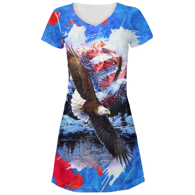 4th of July American Flag Bald Eagle Splatter All Over Juniors V-Neck Dress sold by Old Glory