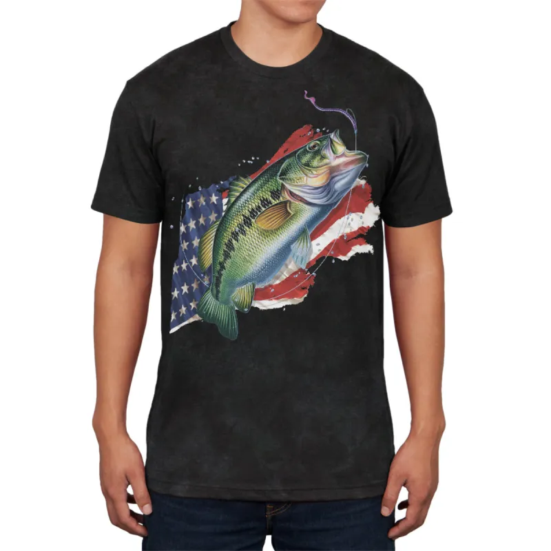 4th of July American Fisherman Bass Mens Soft T Shirt sold by Old Glory