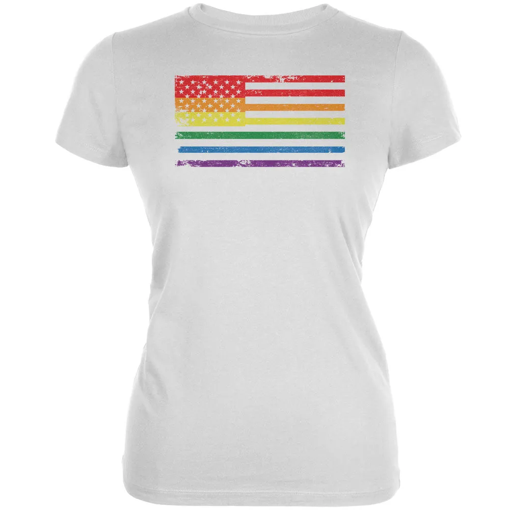LGBT American Flag Distressed White Juniors Soft T-Shirt sold by Old Glory