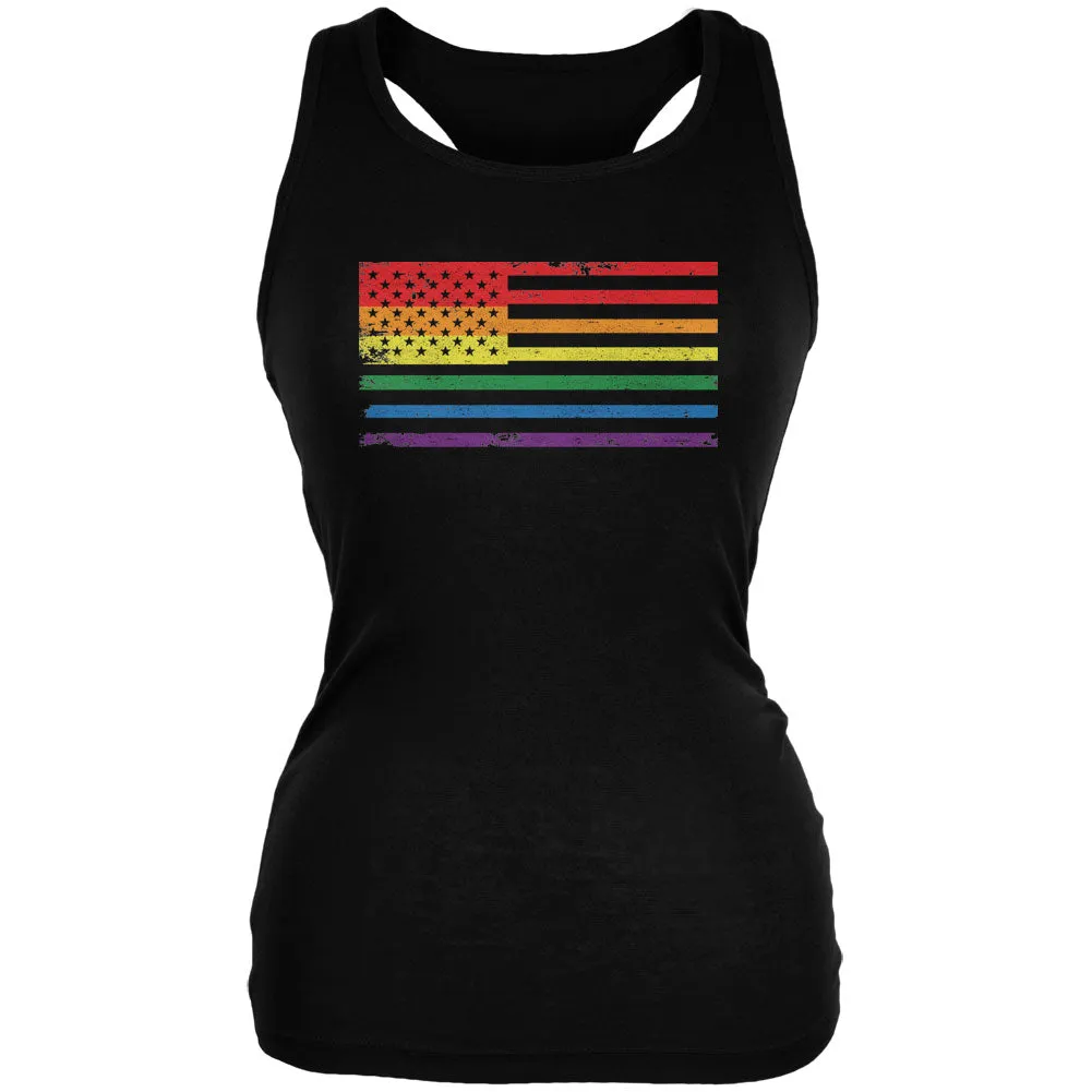 LGBT American Flag Distressed Black Juniors Soft Tank Top sold by Old Glory