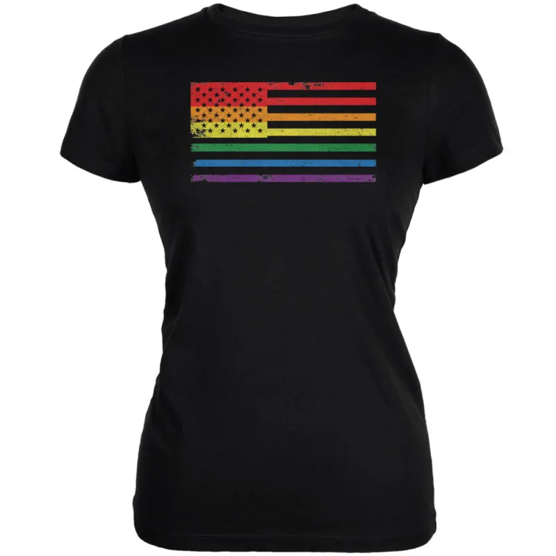 LGBT American Flag Distressed Black Juniors Soft T-Shirt sold by Old Glory