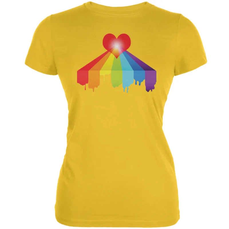 Rainbow Bleeding Heart LGBT Pride Bright Yellow Juniors Soft T-Shirt sold by Old Glory