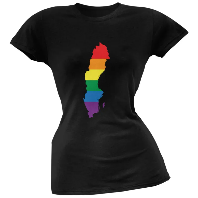 Sweden LGBT Lesbian Pride Rainbow Black Juniors Soft T-Shirt sold by Old Glory