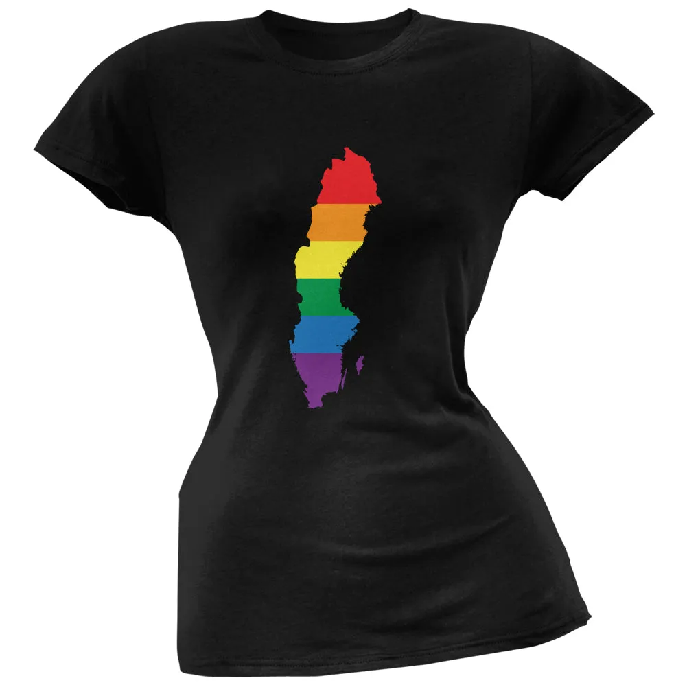 Sweden LGBT Lesbian Pride Rainbow Black Juniors Soft T-Shirt sold by Old Glory