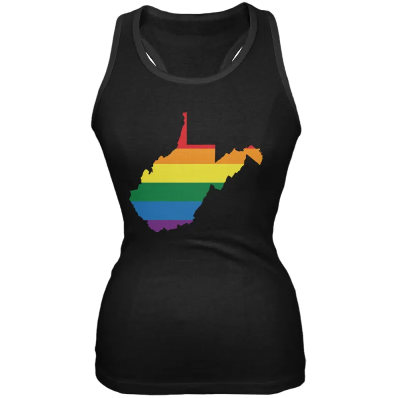 West Virginia LGBT Lesbian Pride Rainbow Black Juniors Soft Tank Top sold by Old Glory